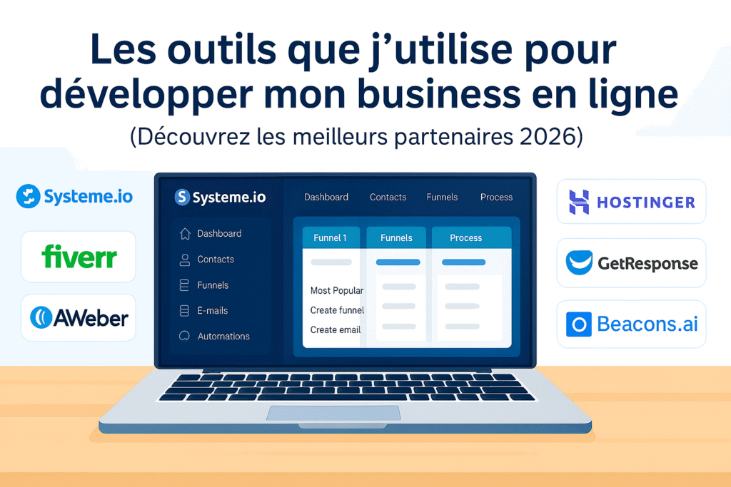 Bannière illustrant un ordinateur portable affichant le tableau de bord Systeme.io, entouré des logos Systeme.io, Hostinger, Fiverr, GetResponse, AWeber et Beacons.ai, avec le texte “Les outils que j’utilise pour développer mon business en ligne"