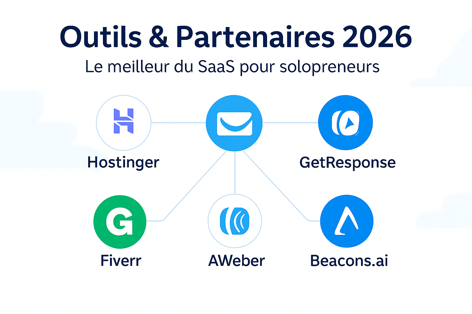 Bannière “Outils & Partenaires 2026” présentant les logos connectés de Systeme.io, Hostinger, Fiverr, GetResponse, AWeber et Beacons.ai avec la phrase “Le meilleur du SaaS pour solopreneurs”