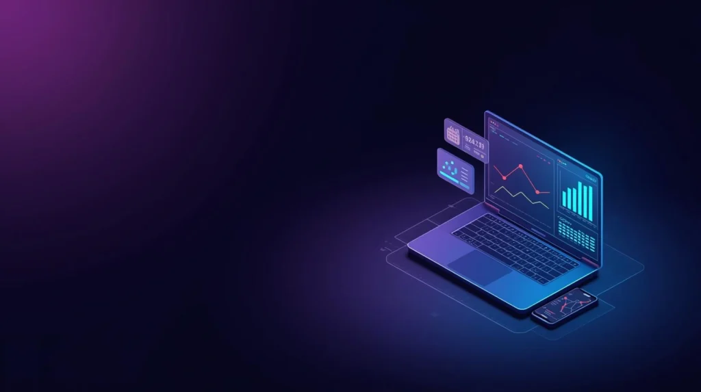 Illustration en mode sombre d’un ordinateur portable et d’un smartphone affichant des tableaux de bord SaaS et des graphiques pour un solopreneur.